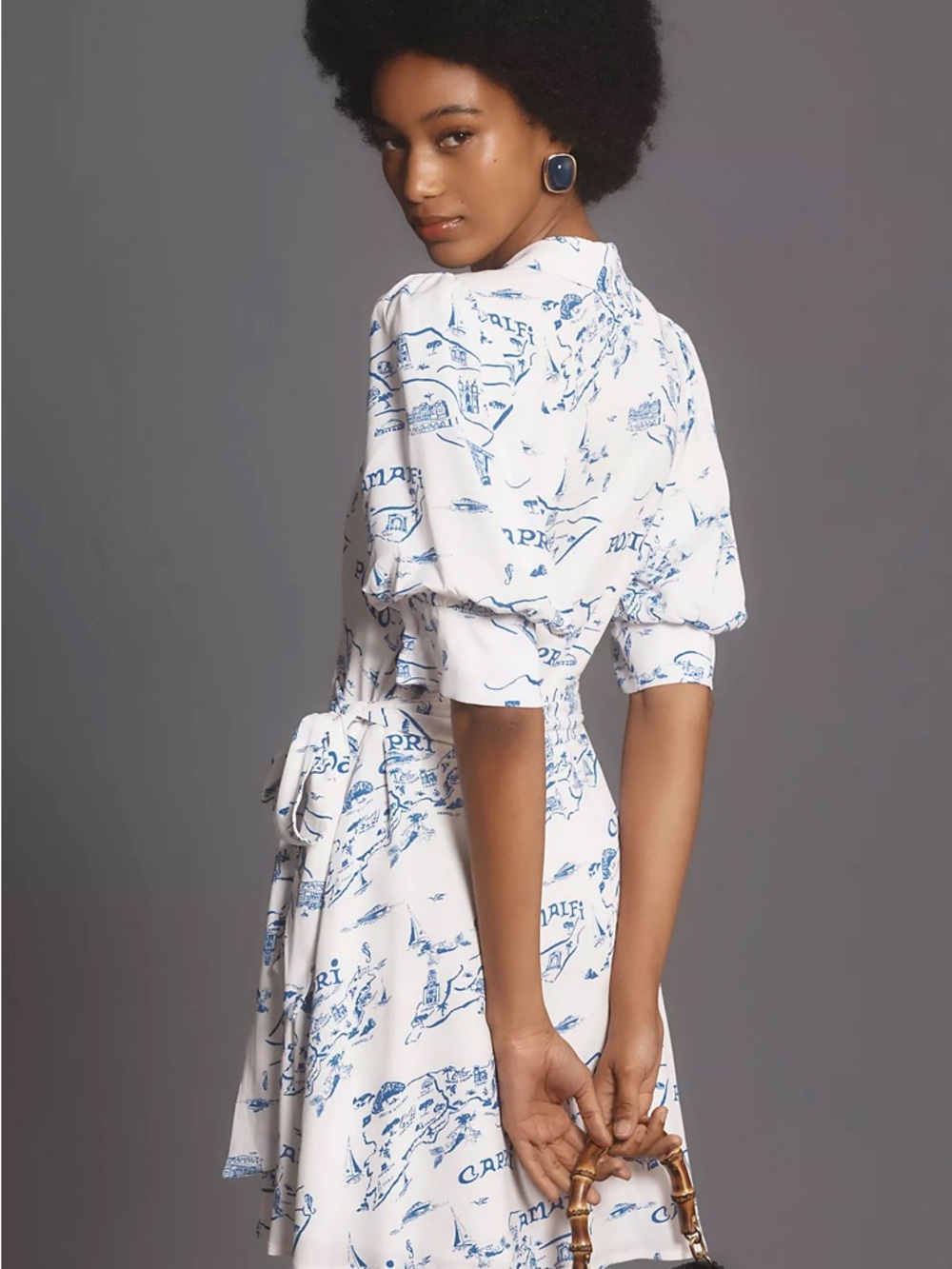 Anthropologie White Mini Wrap Dress with Blue Scenic Motif - Picture 2 of 9